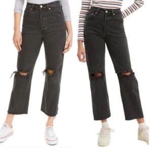 Levi’s Ribcage Straight High Rise Distressed Raw Hem Jeans in Black